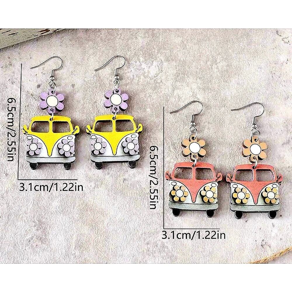 Colorful Retro Boho VW Bus Wooden Stainless Steel Earrings Yellow 1 pair - Picture 3 of 6